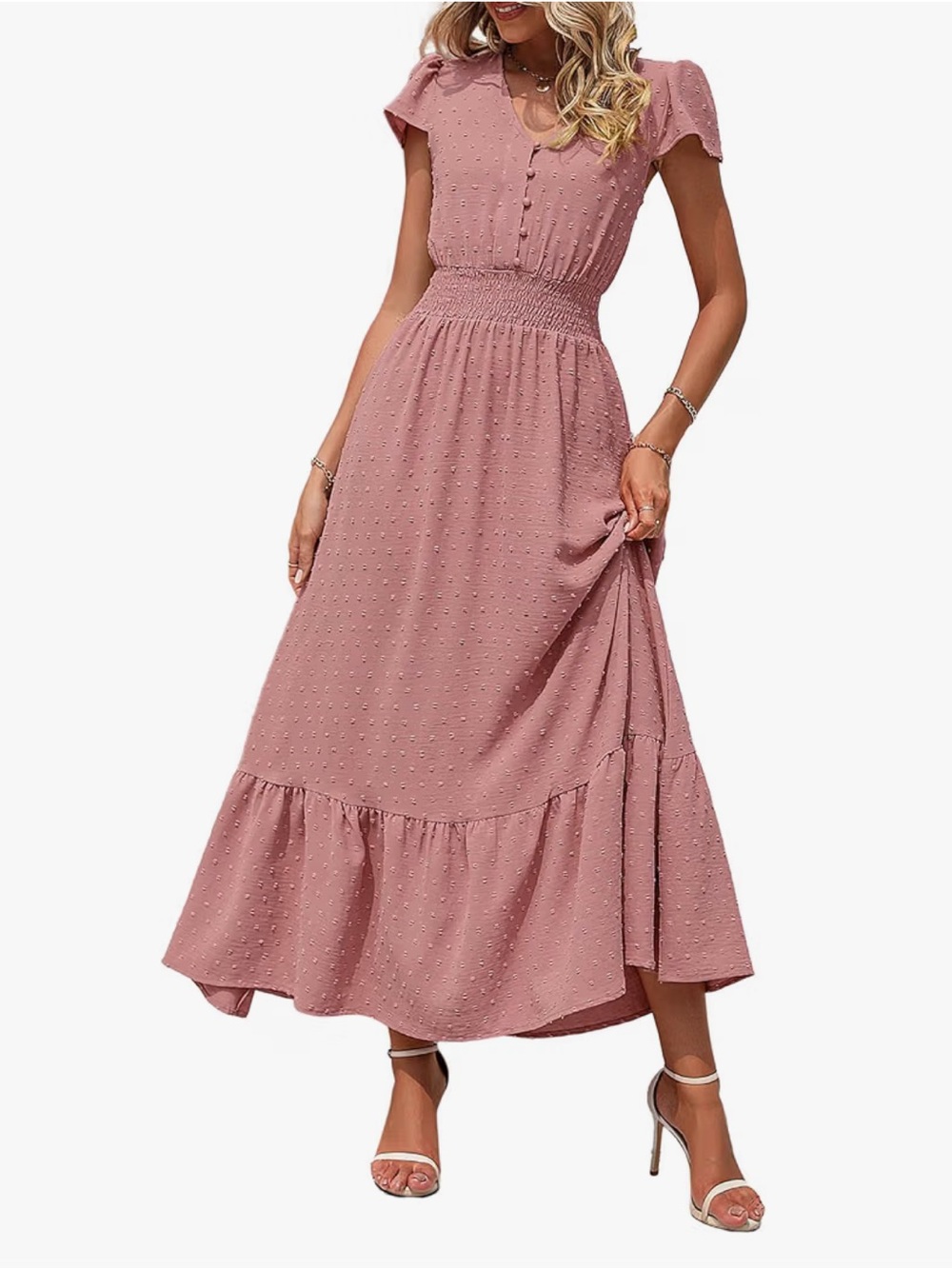 Women’s Flutter Short Sleeve Smocked Waist Maxi Dress - Dusty Rose